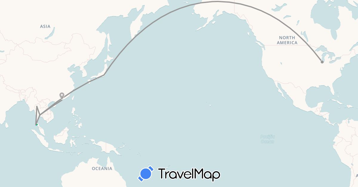 TravelMap itinerary: driving, bus, plane, boat in China, Japan, Thailand, United States (Asia, North America)
